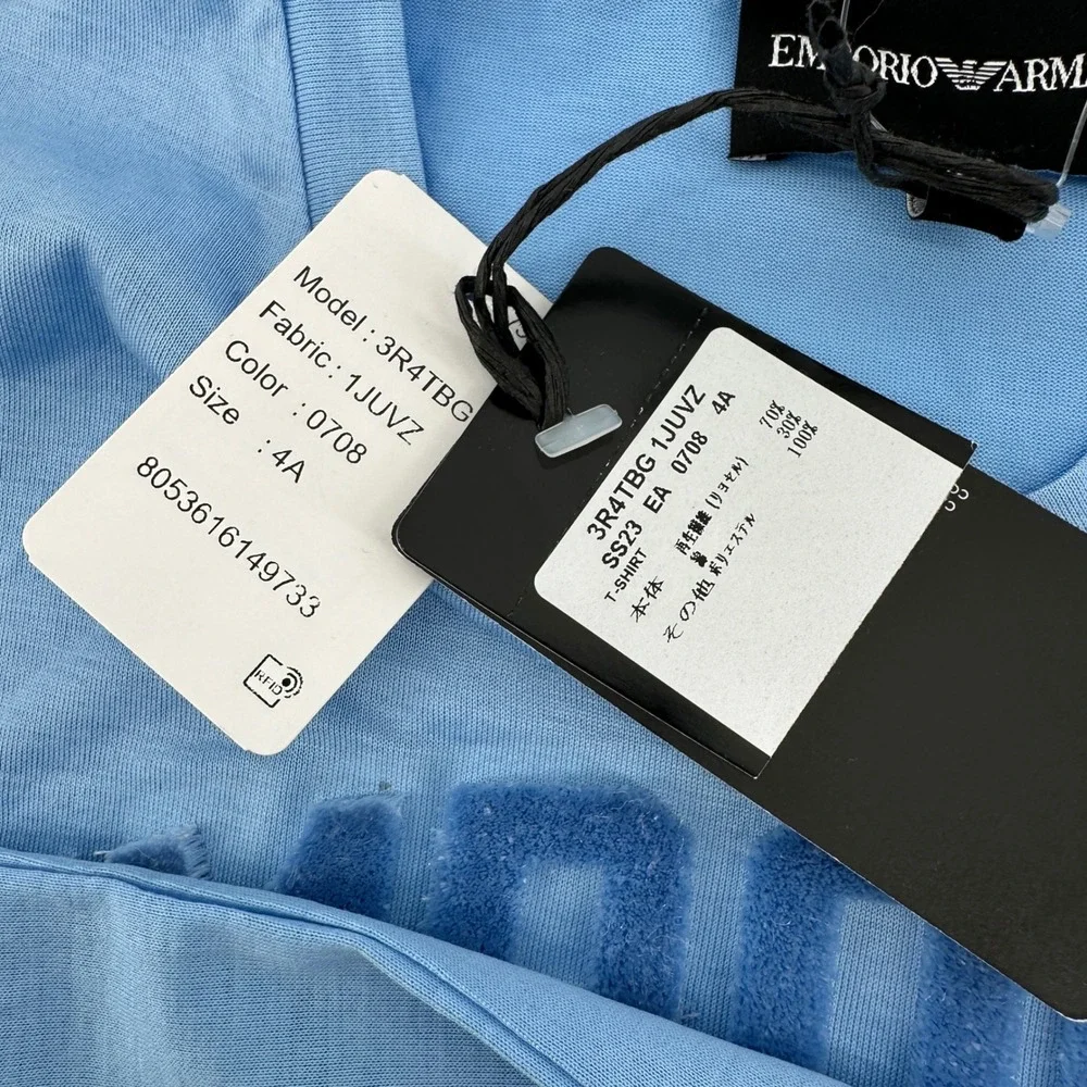 Emporio Armani Kids Light Blue Flocked Logo T-Shirt Size 4A 106cm NWT